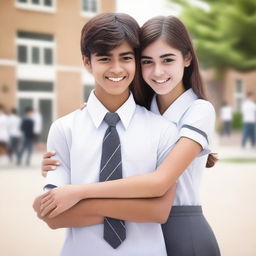 A realistic image of two high school students, one male and one female, wearing white and grey uniforms