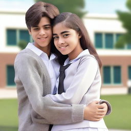 A realistic image of two high school students, one male and one female, wearing white and grey uniforms