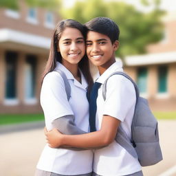 A realistic image of two high school students, one male and one female, wearing white and grey uniforms