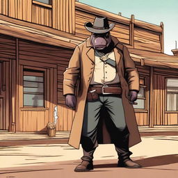 A humanoid hippopotamus gunslinger standing in a dusty, wild west town