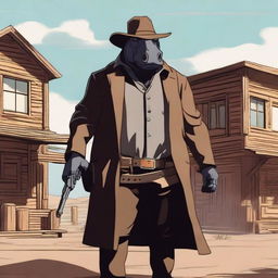 A humanoid hippopotamus gunslinger standing in a dusty, wild west town