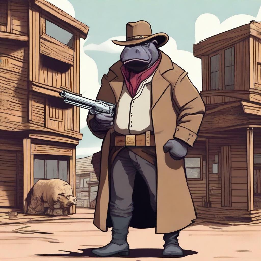 A humanoid hippopotamus gunslinger standing in a dusty, wild west town