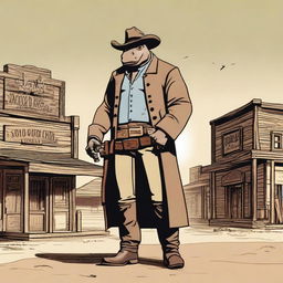 A humanoid hippopotamus gunslinger standing in a dusty, wild west town