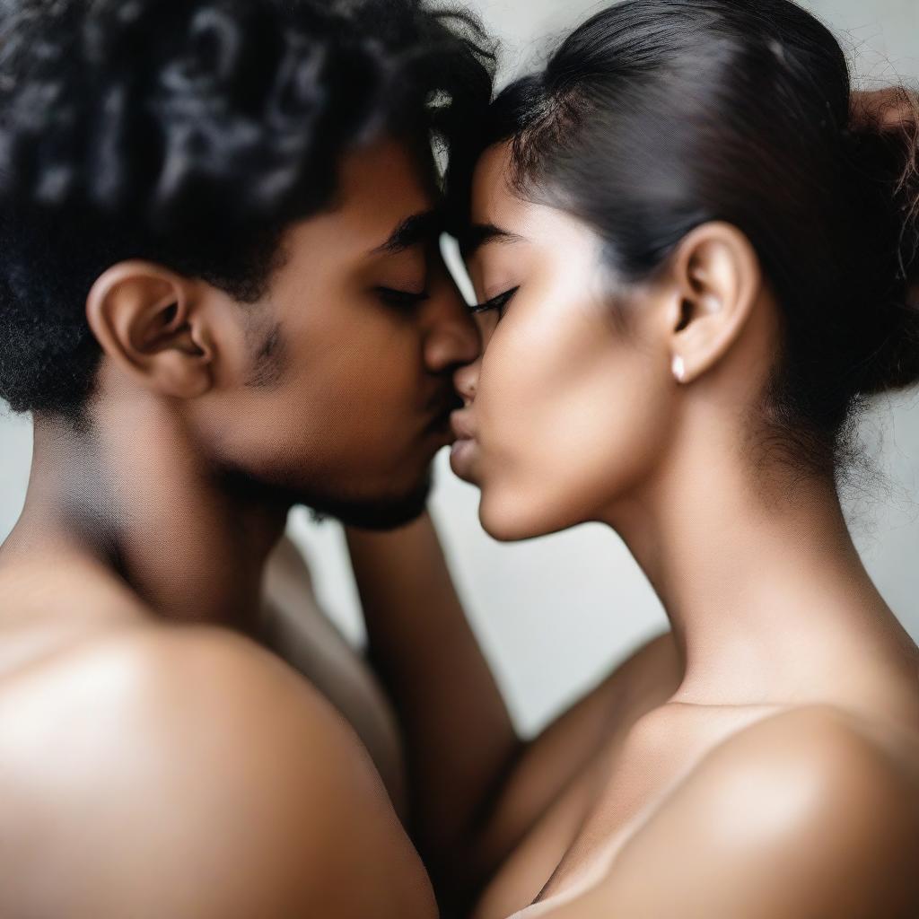 A close-up image of a person kissing another person's navel