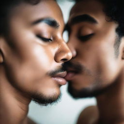 A close-up image of a person kissing another person's navel