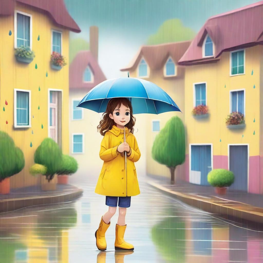 A little cute girl walking in the rain, wearing a yellow raincoat and holding a colorful umbrella, with raindrops falling around her and puddles on the ground