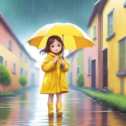 A little cute girl walking in the rain, wearing a yellow raincoat and holding a colorful umbrella, with raindrops falling around her and puddles on the ground