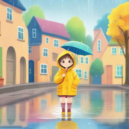 A little cute girl walking in the rain, wearing a yellow raincoat and holding a colorful umbrella, with raindrops falling around her and puddles on the ground