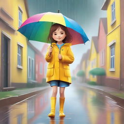 A little cute girl walking in the rain, wearing a yellow raincoat and holding a colorful umbrella, with raindrops falling around her and puddles on the ground