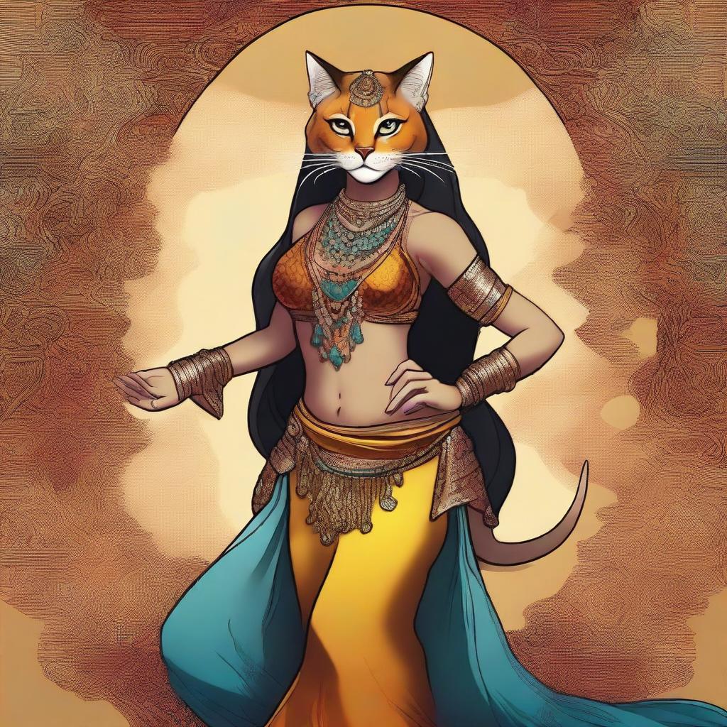 A detailed illustration of a Tabaxi female belly dancer