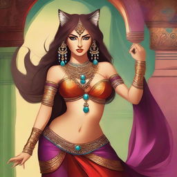 A detailed illustration of a Tabaxi female belly dancer