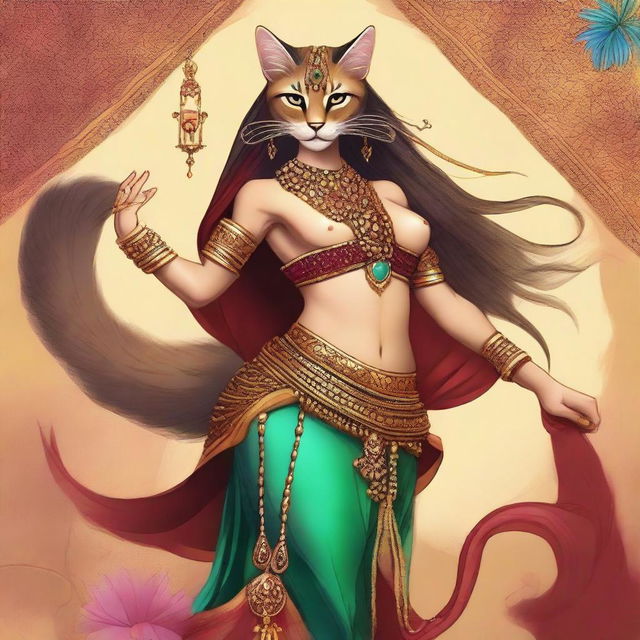 A detailed illustration of a Tabaxi female belly dancer