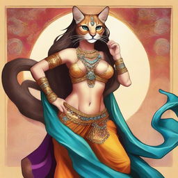 A detailed illustration of a Tabaxi female belly dancer