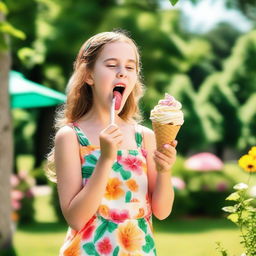 A beautiful girl licking an ice-cream cone, standing in a sunny park with green trees and colorful flowers in the background