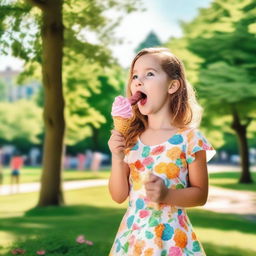 A beautiful girl licking an ice-cream cone, standing in a sunny park with green trees and colorful flowers in the background