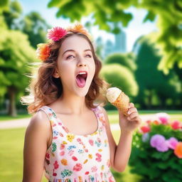 A beautiful girl licking an ice-cream cone, standing in a sunny park with green trees and colorful flowers in the background