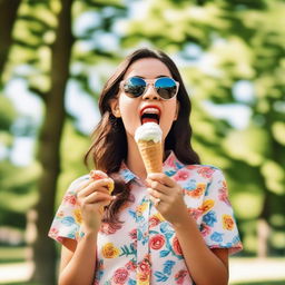 A young woman licking an ice-cream cone, standing in a sunny park with green trees and colorful flowers in the background