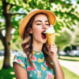 A young woman licking an ice-cream cone, standing in a sunny park with green trees and colorful flowers in the background