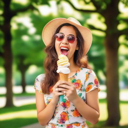 A young woman licking an ice-cream cone, standing in a sunny park with green trees and colorful flowers in the background