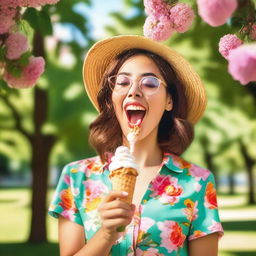 A young woman licking an ice-cream cone, standing in a sunny park with green trees and colorful flowers in the background