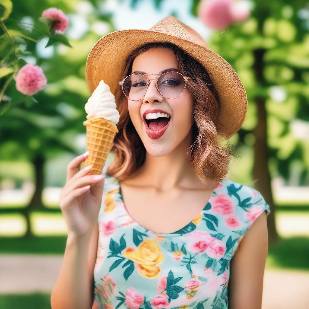 A young woman licking an ice-cream cone, standing in a sunny park with green trees and colorful flowers in the background