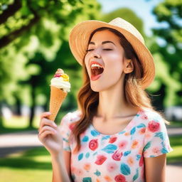 A young woman licking an ice-cream cone, standing in a sunny park with green trees and colorful flowers in the background