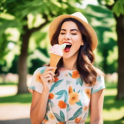 A young woman licking an ice-cream cone, standing in a sunny park with green trees and colorful flowers in the background