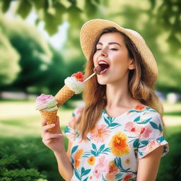 A young woman licking an ice-cream cone, standing in a sunny park with green trees and colorful flowers in the background