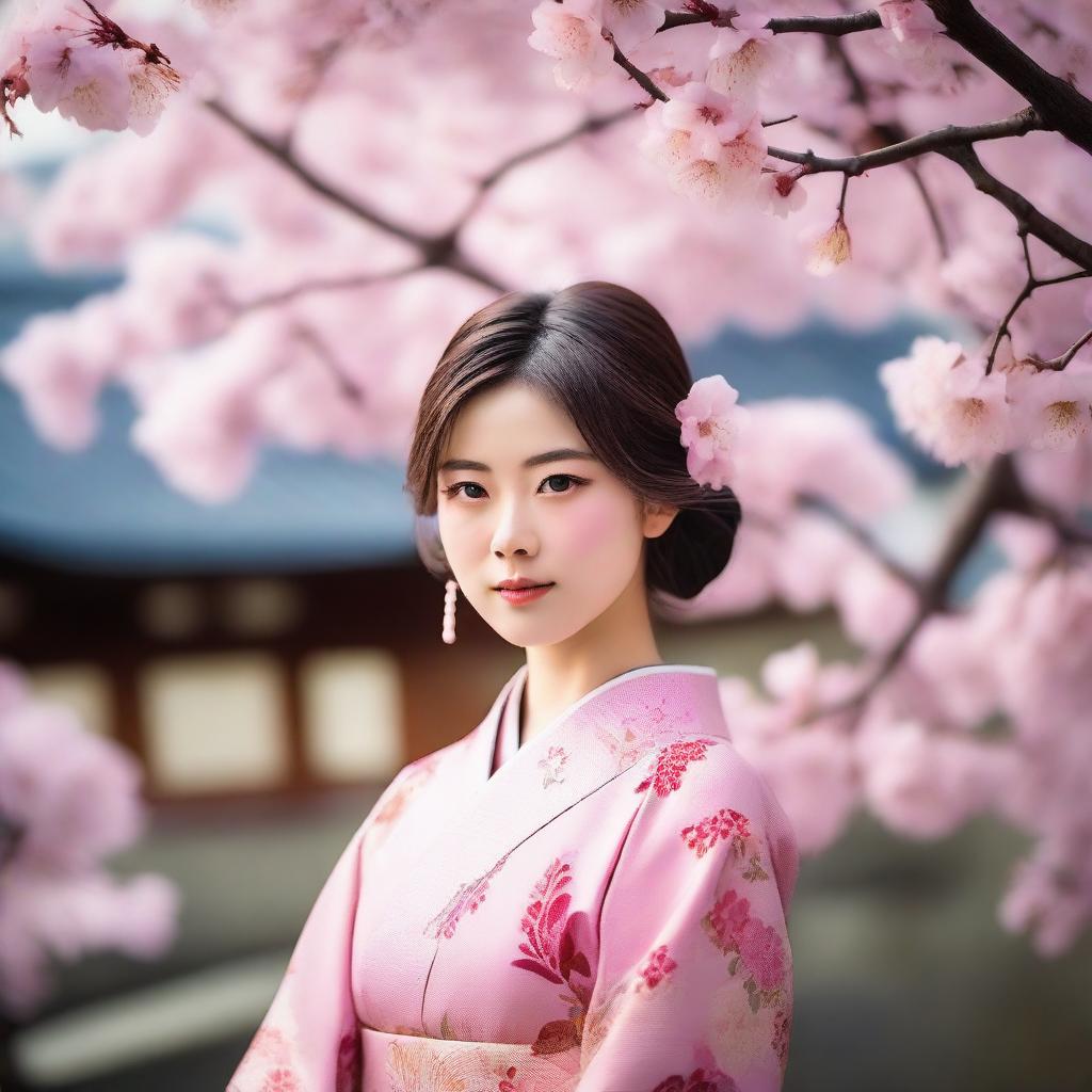 A beautiful Japanese girl with a serene expression, wearing traditional kimono, standing in a picturesque Japanese garden with cherry blossoms in full bloom