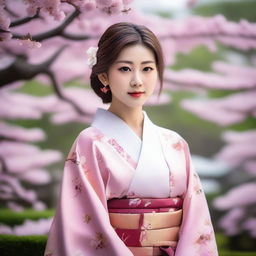 A beautiful Japanese girl with a serene expression, wearing traditional kimono, standing in a picturesque Japanese garden with cherry blossoms in full bloom