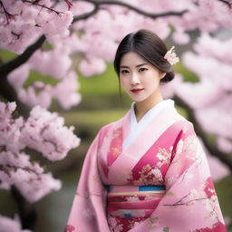 A beautiful Japanese girl with a serene expression, wearing traditional kimono, standing in a picturesque Japanese garden with cherry blossoms in full bloom