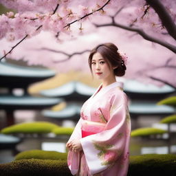 A beautiful Japanese girl with a serene expression, wearing traditional kimono, standing in a picturesque Japanese garden with cherry blossoms in full bloom