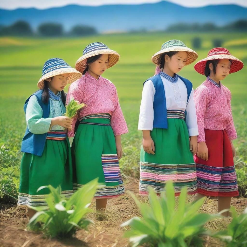 A group of Hmong girls working diligently in a lush, green farm