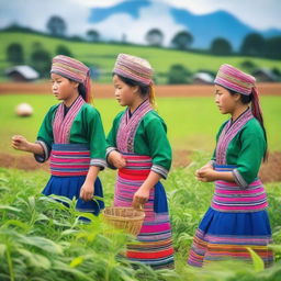 A group of Hmong girls working diligently in a lush, green farm