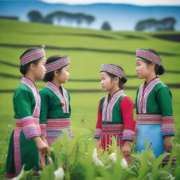 A group of Hmong girls working diligently in a lush, green farm