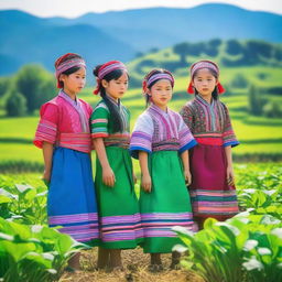 A group of Hmong girls working diligently in a lush, green farm