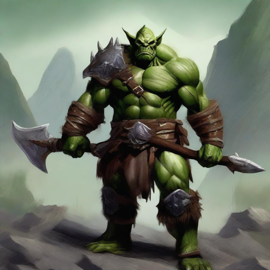 A detailed image of a fierce orc warrior standing in a rugged landscape, wearing traditional armor and holding a large weapon