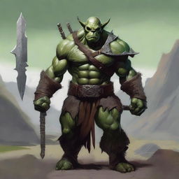 A detailed image of a fierce orc warrior standing in a rugged landscape, wearing traditional armor and holding a large weapon