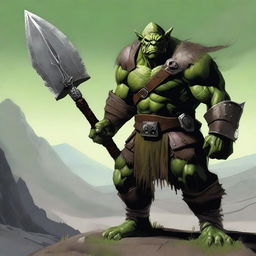 A detailed image of a fierce orc warrior standing in a rugged landscape, wearing traditional armor and holding a large weapon