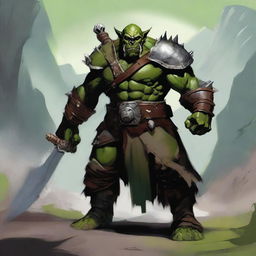 A detailed image of a fierce orc warrior standing in a rugged landscape, wearing traditional armor and holding a large weapon