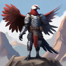 A fierce Aarakocra fighter standing tall with a determined expression