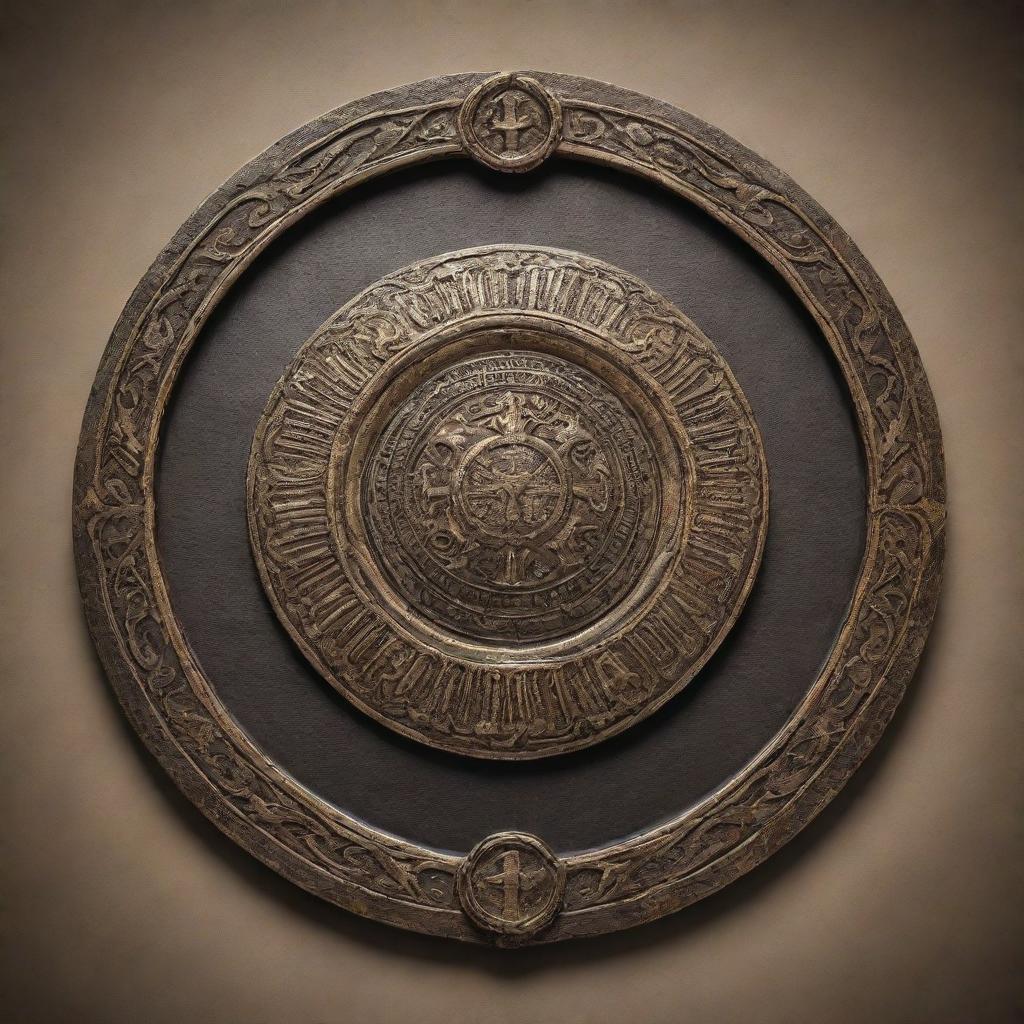 Design a majestic shield emblazoned with the words 'Immortal Olympus'. The shield features intricate designs, with a rich aesthetic reminiscent of ancient Greece.