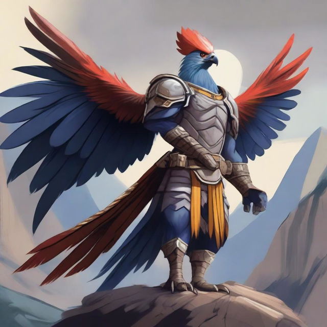 A fierce Aarakocra fighter standing tall with a determined expression