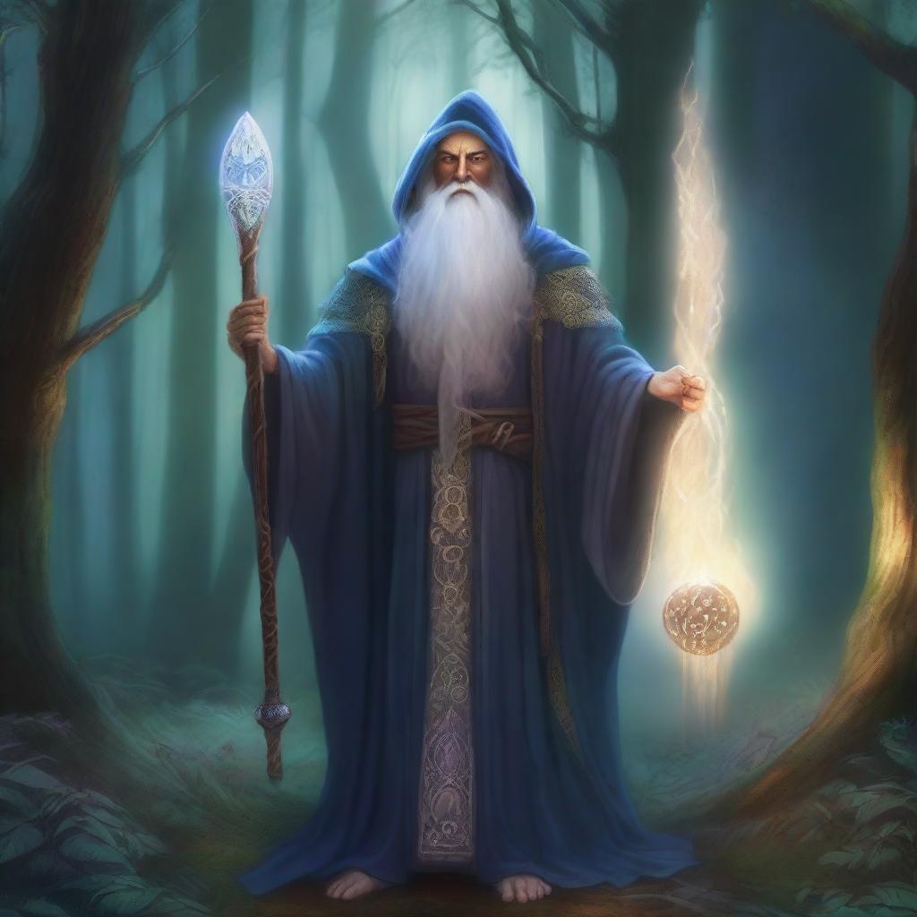 A detailed and majestic depiction of Harchimago, an ancient and wise wizard, standing in a mystical forest with glowing runes and magical artifacts