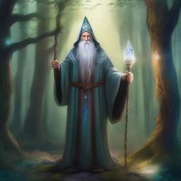 A detailed and majestic depiction of Harchimago, an ancient and wise wizard, standing in a mystical forest with glowing runes and magical artifacts