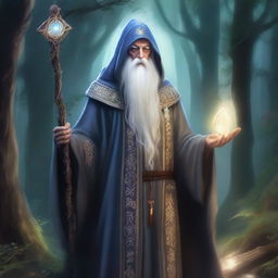 A detailed and majestic depiction of Harchimago, an ancient and wise wizard, standing in a mystical forest with glowing runes and magical artifacts