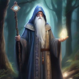 A detailed and majestic depiction of Harchimago, an ancient and wise wizard, standing in a mystical forest with glowing runes and magical artifacts