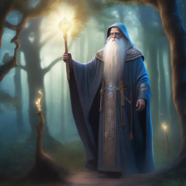 A detailed and majestic depiction of Harchimago, an ancient and wise wizard, standing in a mystical forest with glowing runes and magical artifacts