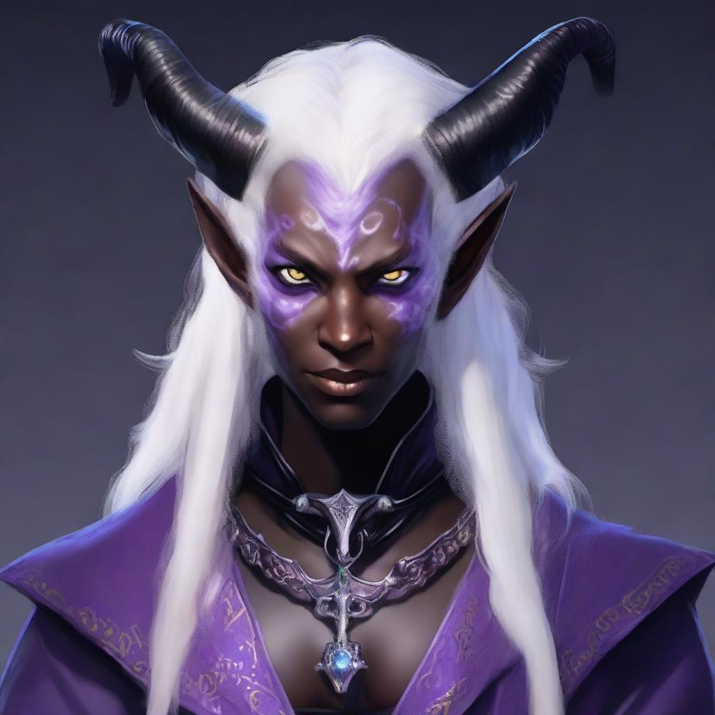 Create an image of a tiefling with white hair and black skin with white freckles and lavender eyes, wearing warlock clothing