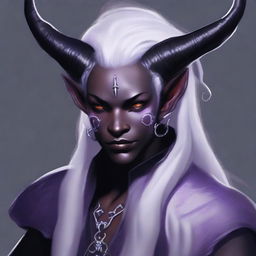 Create an image of a tiefling with white hair and black skin with white freckles and lavender eyes, wearing warlock clothing